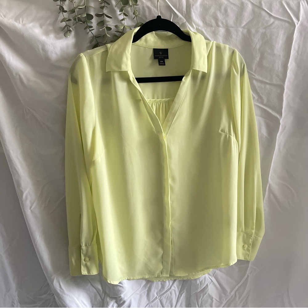 Worthington Neon Yellow Chiffon Blouse MP Sheer Button Up Collared Workwear Top